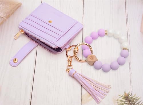 COOLANS Silicone Bracelet Wristlet Wallet Credit Card Holder RFID ID Window Key Ring Tassel Slim Wallet Women Keychain Purse - color: Light Purple