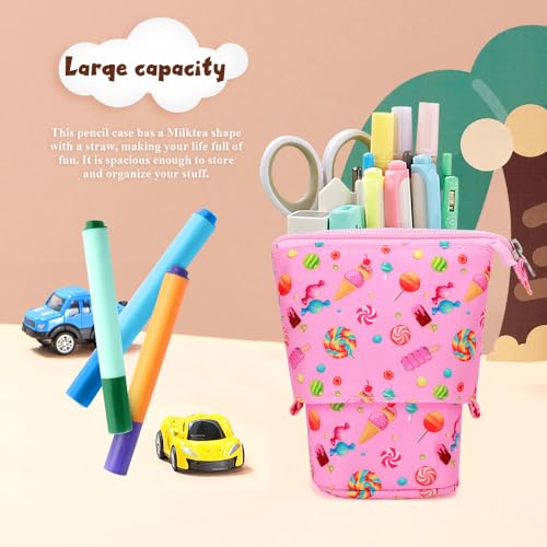 KPX Cute Standing Pencil Case Pen Holder for Kids, Pop Up Stand UP Bubble Tea Pen Organizer Kawaii Stationary for Christmas Holiday New Year Office (Candy) - color: Candy