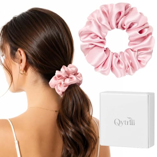 Silk Scrunchie 1.4" Medium Wide 6A 22 Momme 100% Mulberry Silk Hair Ties,Gentle on Hair No Damage No Crease for Women Girls Curly Thick Wavy Hair,Sample Fabric Provided (1, Pink) - color: Pink