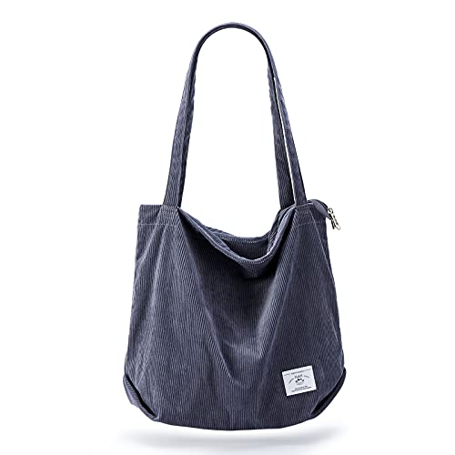 KALIDI Women Corduroy Tote Bag Zipper Casual Tote's Handbag Big Capacity Shoulder Bag with Pockets - color: Grey