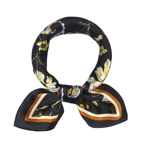 ANDANTINO 100% Mulberry Silk Scarf -21” Square Neckerchief with Gift Packed - color: Flowers-black