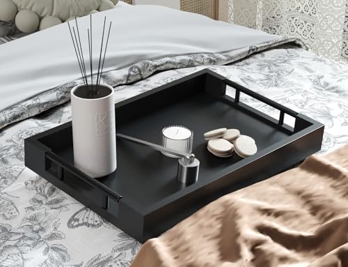 Fibogollo Bamboo Serving Trays with Metal Handles,Medium(Black) - style: Black-Medium
