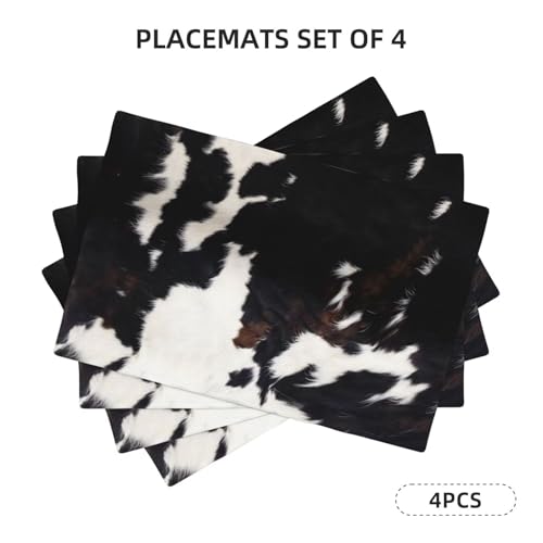 Cowhide Print Placemats Rectangle Linen Table Placemet Set of 4 - color: Black White Brown, size: Set of 4