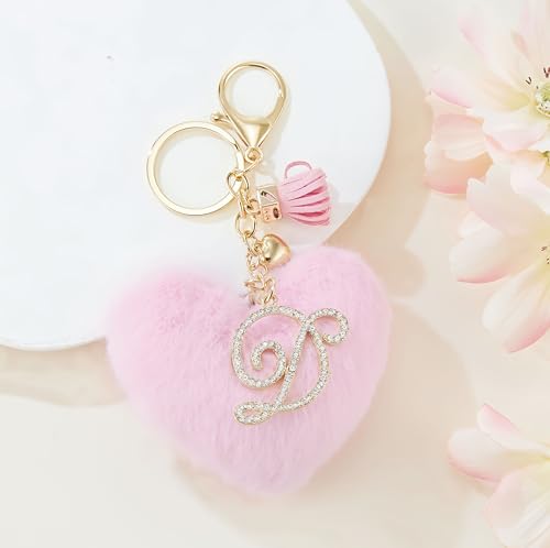 Initial Letter Heart Pom Pom Keychain for Women Pink Soft Fluffy Ball Key Ring for Purse Backpack Handbag - color: D