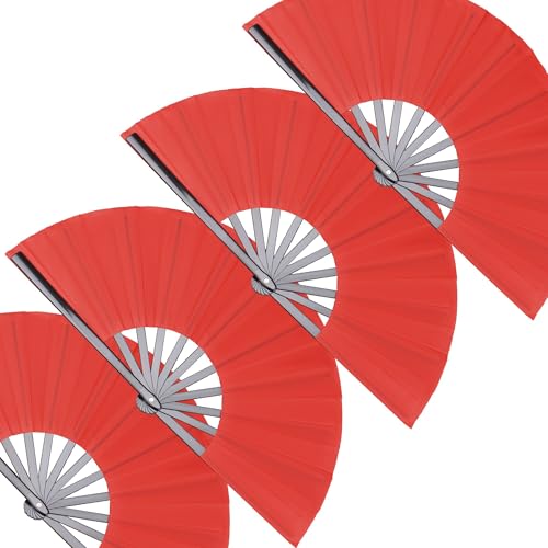 4 Pack Large Folding Hand Fan, Red Chinese Kung Fu Tai Chi Fan Nylon-Cloth Fan For Men And Women Performance, Dance, Decorations, Festival, Gift (4p Folding fan red) - color: 4p Folding fan red