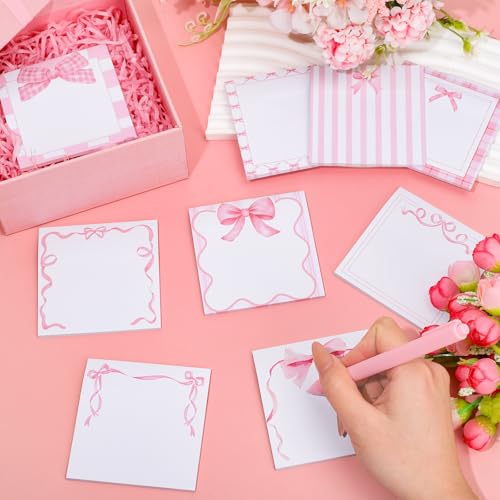 FYSUIMU 9Pcs Pink Bow Sticky Notes Watercolor Bowknot Square Self Adhesive Notepad Removable Memo Pad or Home Classroom Office Party Decor