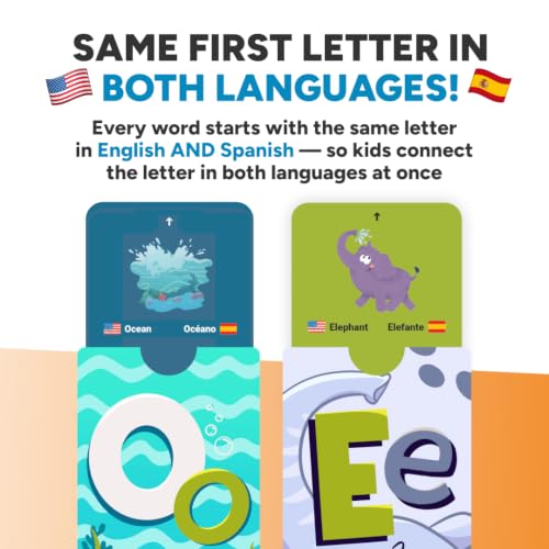 Kidrox Squad Alphabet Flashcards for Kids – 26 Slide-Reveal Cards in English & Spanish | Magic Pull-Tab Bilingual Learning Game for Toddlers & Preschoolers Age 3+ - color: Alphabet