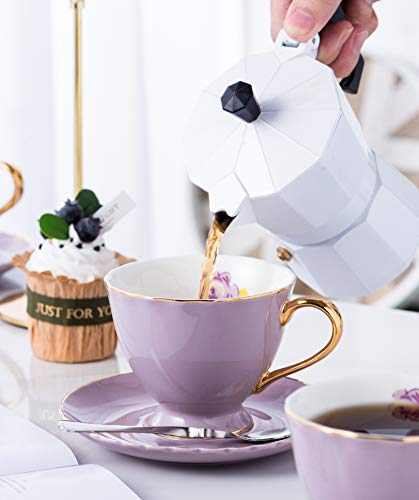 Set of 6 Porcelain Tea Cup and Saucer Set with Golden Handle, Purple - color: Purple