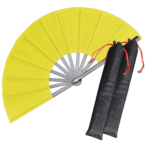 2 Pack Large Folding Hand Fan, Yellow Chinese Kung Fu Tai Chi Fan Nylon-Cloth Fan for Men and Women Performance, Dance, Decorations, Festival, Gift (Folding Fan Yellow 2p+case) - color: Yellow+yellow