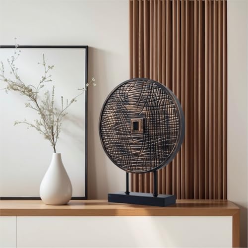 Unique Round Coin Sculpture Decorative Objects for Shelf Home Decor Accents, Modern Abstract Tabletop Decor Items for Living Room Fireplace Mantel, Above Cabinet (Black) - color: Black
