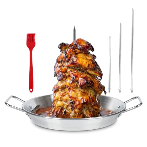Vertical Skewer Pan Stainless Steel Gyro Spit Shawarma Stand for oven - size: 10.5 " Base Pan& 3 Skewers With Brush