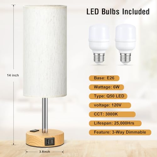 Fenmzee Bedside Table Lamp Set of 2 - Dimmable Touch, USB A+C, AC Outlet - color: Cream - Wood Grain 2, size: 14"
