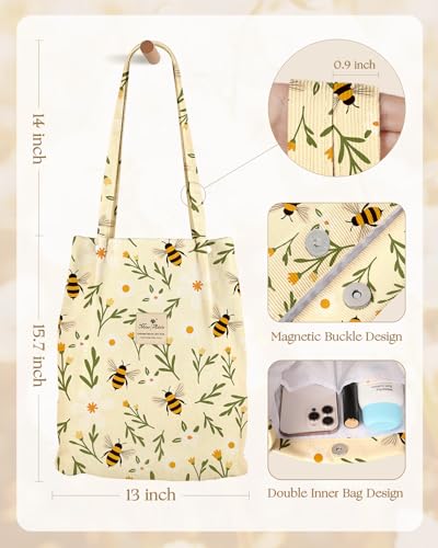 Miss Adola Corduroy Tote Bag for Women Cute Design - color: Beige Flower Bee