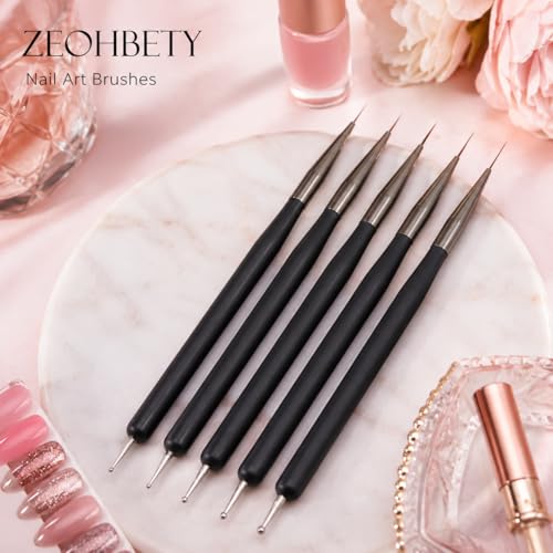 Nail Art Brushes, 5Pcs Nail Art Liner Brushes, Dotting Pen Tools, Painting Art Design Brush Set for Long Lines, Thin Details, Fine Drawing Sizes 7/9/11/15/22mm, Black - color: Black