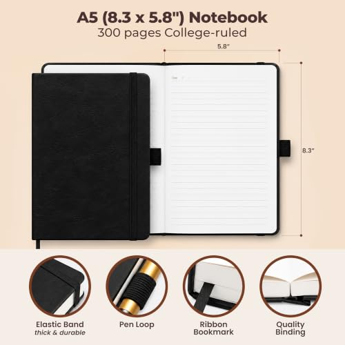 A5 Lined Journal Notebook Hardcover Leather Bound for Men & Women Black - color: Black, size: A5 300 Pages