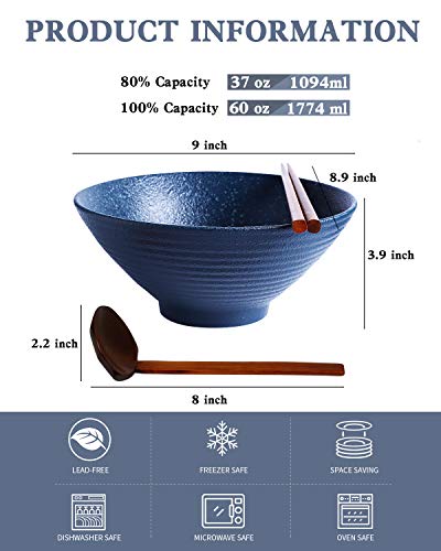 Kanwone Ceramic Japanese Ramen Bowl Set, Noodle Soup Bowls - 60 Ounce, with Matching Spoons and Chopsticks for Udon Soba Pho Asian Noodles, Set of 2, Navy - color: Navy, size: 9 Inch