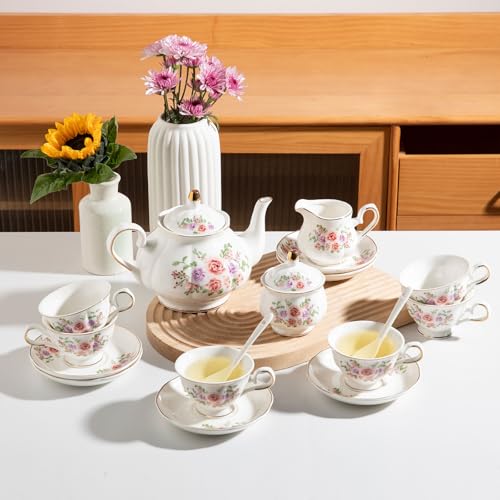 Sweejar Porcelain Tea Set Vintage Floral, British Relief Gold Rim Teapot Cup and Saucer Sets, 22-Piece Tea Sets for Adults, with Teapot, Sugar Bowl, Milk Jug, Spoons, Cup and Saucer (Rose Flower) - color: Rose Flower