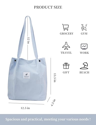 Corduroy Tote Bag Cute Tote Bags for Women Shoulder Bag with Inner Pocket for Work Beach Travel and Shopping Grocery - style: Mist Blue
