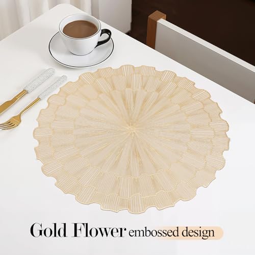 Quantum Love Set of 6 Round Vinyl Placemats Pressed Metallic 15 Inch Gold Sunflower PVC Place Mats Dinning Kitchen Waterproof Washable Table Mats for Fesitval Wedding Party Decoration - color: Gold Sunflower