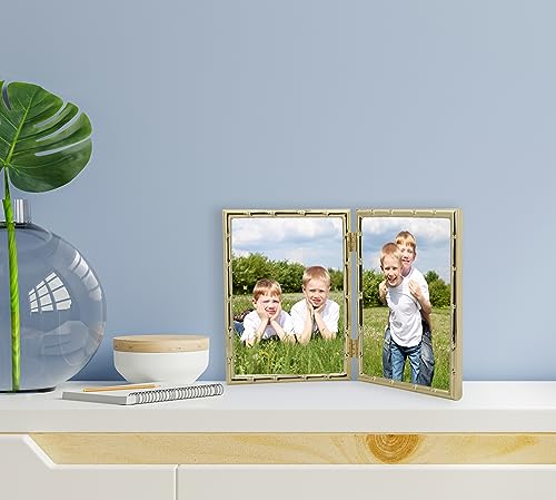 YiPinYin Gold 5x7‘’ Bamboo Detail Design Double Picture Frame,Elegant Narrow Profile Gold Plated Photo Frames With Soft Touch Velvet Backing for Desktop and Shelf Decor - color: Gold, size: 5x7Inch Double