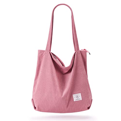 KALIDI Women Corduroy Tote Bag Zipper Casual Tote's Handbag Big Capacity Shoulder Bag with Pockets - color: Pink
