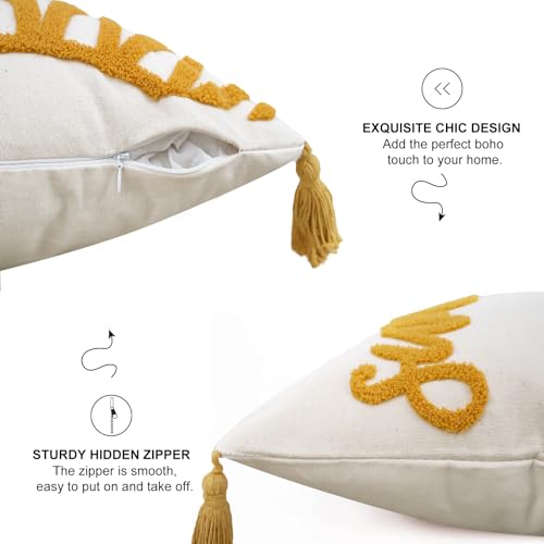 Merrycolor Boho Tufted Decorative Throw Pillow Covers 18x18 with Tassels Sunshine Bohemian Pillow Covers Cushion Covers for Couch Sofa Bedroom Living Room Yellow Beige 1PC - color: Style J, size: 18" x 18" (Pack of 1)