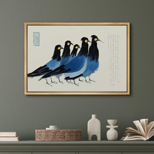 SIGNFORD Framed Canvas Print Wall Art Oriental Style Blue Birds Modern Asian-Inspired Minimalist Illustrations Modern Art Decorative Boho Relax/Zen for Living Room, Bedroom, Office - 16x24 NATURAL - color: B08-2508-M28, size: 24"L x 16"W
