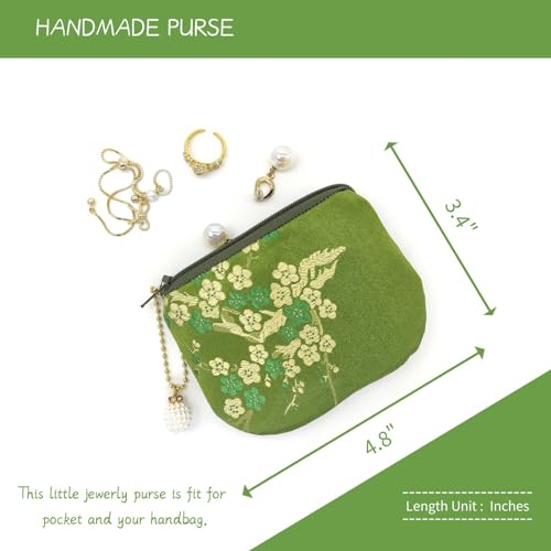 Handmade Women Coin Purse Brocade Rosary Bag Silk Jewelry Pouch Zipper Wallet - Green - color: Green