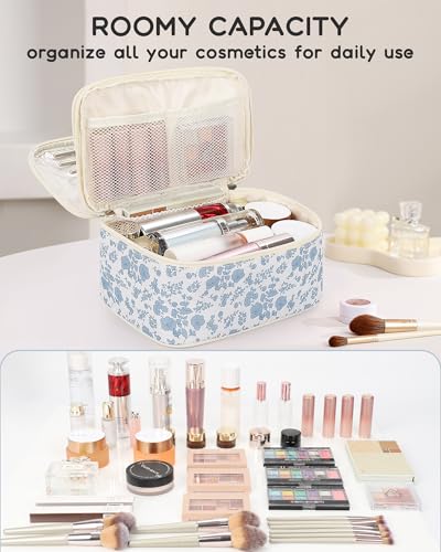 Relavel Travel Makeup Bag, Floral Cosmetic Bag with Brush Compartment - color: 01-Blue, size: Large