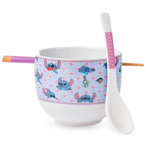 Silver Buffalo Lilo and Stitch Scrump Sea, Ramen Bowl with Chopsticks, 20oz - color: Lilo and Stitch Waves Spoon, size: 20 Ounces (With Spoon)