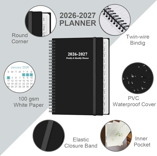 Planner 2026-2027 - A5 Weekly & Monthly Planner Spiral Bound, July 2026 - June 2027, with Flexible Cover, Tabs, Inner Pocket, 6.4" x 8.5", Black - color: Black, size: 6.4" x 8.5"