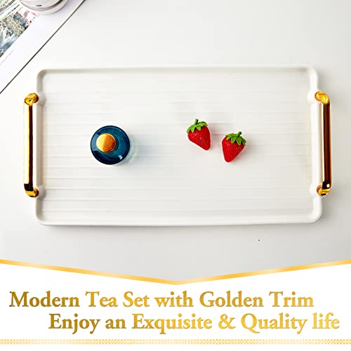 DUJUST Porcelain Serving Tray with Golden Handles, Modern Nordic Style Coffee Table Tray, Beautiful Tea Tray Decor for Living Room, Easy to Use & Clean - color: Golden Handles