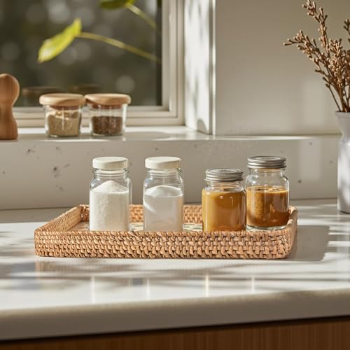 Rattan Serving Tray with Mother of Pearl Inlay,Set of 3 Wicker Serving Tray Boho,Hand-Woven from Natural Rattan, Serving Baskets for Home Decor and Coffee Table Decor (Boho Mosaic Bloom) - color: Boho Mosaic Bloom