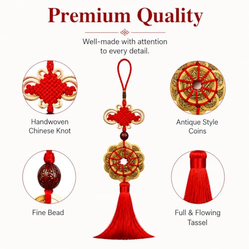 Feng Shui Coins with Red Chinese Knot, Lucky Coin Hanging Charm for Wealth and Good Fortune, Traditional Chinese Decor Ornament for Home, Car, Office