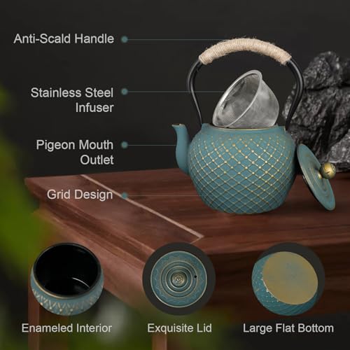 Ufine Cast Iron Teapot for Stove Top with Stainless Steel Infuser - color: Blue Grid