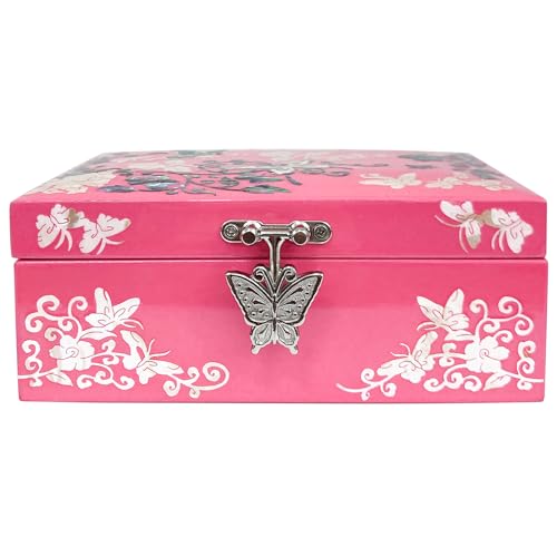 Mother of Pearl Jewelry Ring Necklace Mini Trinket Wooden Box - Inlay with Sea Shell Gifts for Women (Pink) - color: Pink