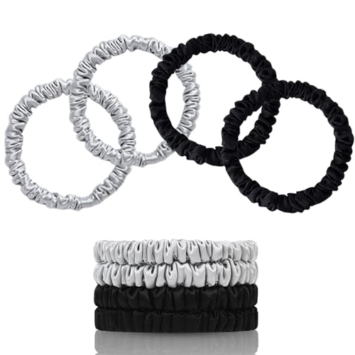 100% Mulberry Silk Hair Ties 4PCS, Silk Scrunchies for Women - color: 4Pcs(Black*2+Silver Gray*2)