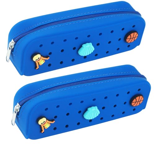Cute Silicone Pen Case Pen Pouch with DIY Holes and 3 Decoratives(Random) Travel Makeup Brush Bag suitable for travel home7.81inch (Sea Blue,2 Packs) - color: Sea Blue,2 Packs