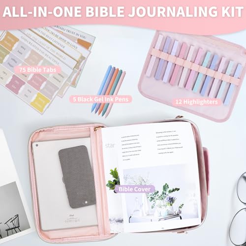 KOPKOFT Bible Cover Case for Women, Large Chenille Letter Leather Bible Case with Bible Study Accessories, Bible Study Supplies Bible Journaling Kit, Christmas Christian Gift for Women Girls (Pink) - color: Pink