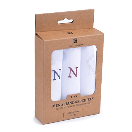 Initial Handkerchief for Men, Monogrammed Boxed 3 Piece Set,100% Cotton - color: N Initial