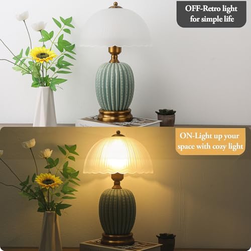 Ceramic Table Lamp Dimmable for Living Room, 16" Modern Vintage Bedside Nightstand Lamps with White Glass Shade,Classic Chinoiserie Retro Bedroom Lamp for Night Stands, Dorm,Office, Home Decor - color: Green Pineapple