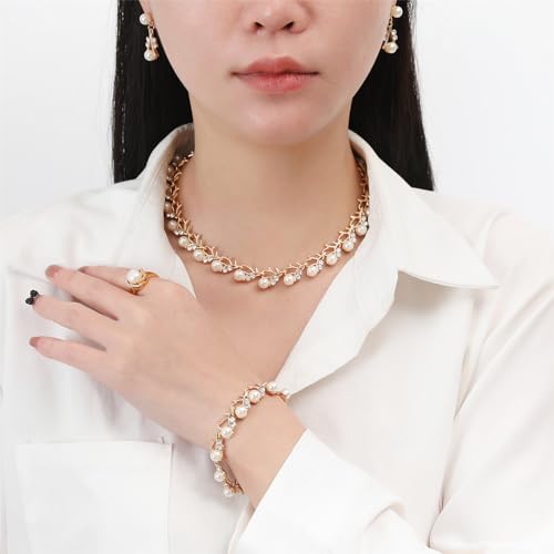 Pearl Bride Wedding Jewelry Set Faux Pearls Crystal Rhinestone Necklace Earrings Bracelet Sets for Women Bridesmaid(3 PCS) - color: Gold - Pearl
