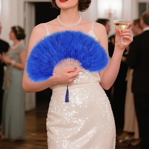 whitefeather Vintage Feather Hand Fan, 17.7 x 11.8 inches, Marabou Feathers, 1920s Style for Costume Parties, Tea Parties - color: Royal Blue