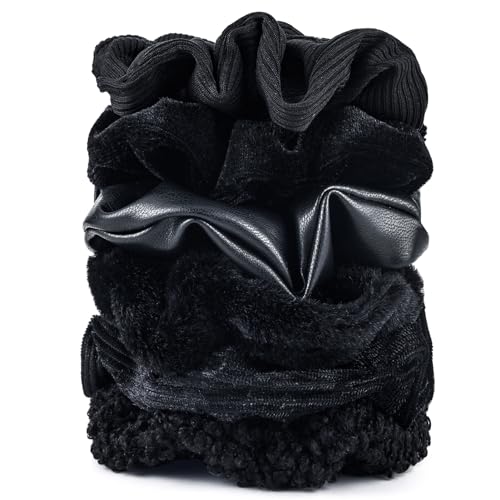 Scrunchies for Women Girls 6Pcs Black Velvet Scrunchies for Thick Hair Ultra Textured Soft Scrunchy Hair Ties Solid Elastic Hair Bands Fuzzy Ponytail Holders Cute Hair Accessories Holiday Gift - color: Black(A) 6PCS