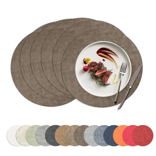 Placemats Set of 6, 15 Inch Round Faux Leather Place Mats - color: R-drak Coffee