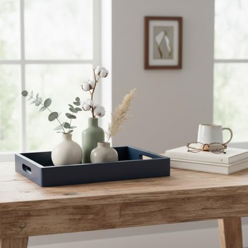 DD DEFINED DECO Coffee Table Tray, Blue Wood Serving Tray with Handles for Food & Drinks, Coffee Table, Ottoman, Breakfast in Bed, Deep Blue(15.75''*10'')