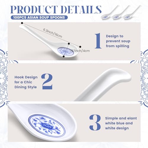 Hushee 100 Pcs Asian Soup Spoon Large Chinese Noodle Ramen Reusable Japanese Pho Spoon Bulk with Hook for Home Restaurant - style: Elegant