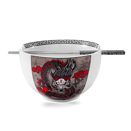 Hagary Dragon Ramen Bowl with Chopsticks Ceramic Bowl Stainless Steel Chopsticks Japanese Style Soup Bowls Housewarming Wedding Gifts Designed in Korea (With Chopsticks) (Black, 30 oz - 1pc) - size: 30 oz - 1pc