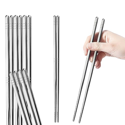 Premium Reusable Stainless Steel Chopsticks - 5 Pairs, 9.5 Inch, Square, Non-Slip, Dishwasher Safe, Use for Home, Kitchen, Hotel, Restaurant - color: 5 Pairs Metal Chopsticks