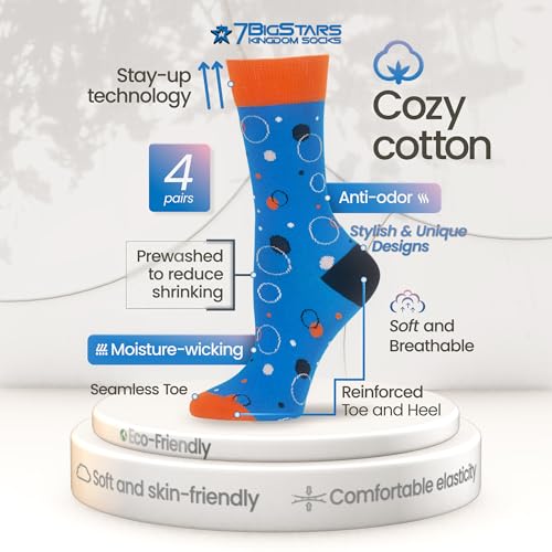 7BIGSTARS Women Cotton Crew Socks, Patterned 4 Pack, M 5-9 - L 8-12 - color: 06 - Blue, Dark Navy, Orange, Grey (A51), size: 8-12